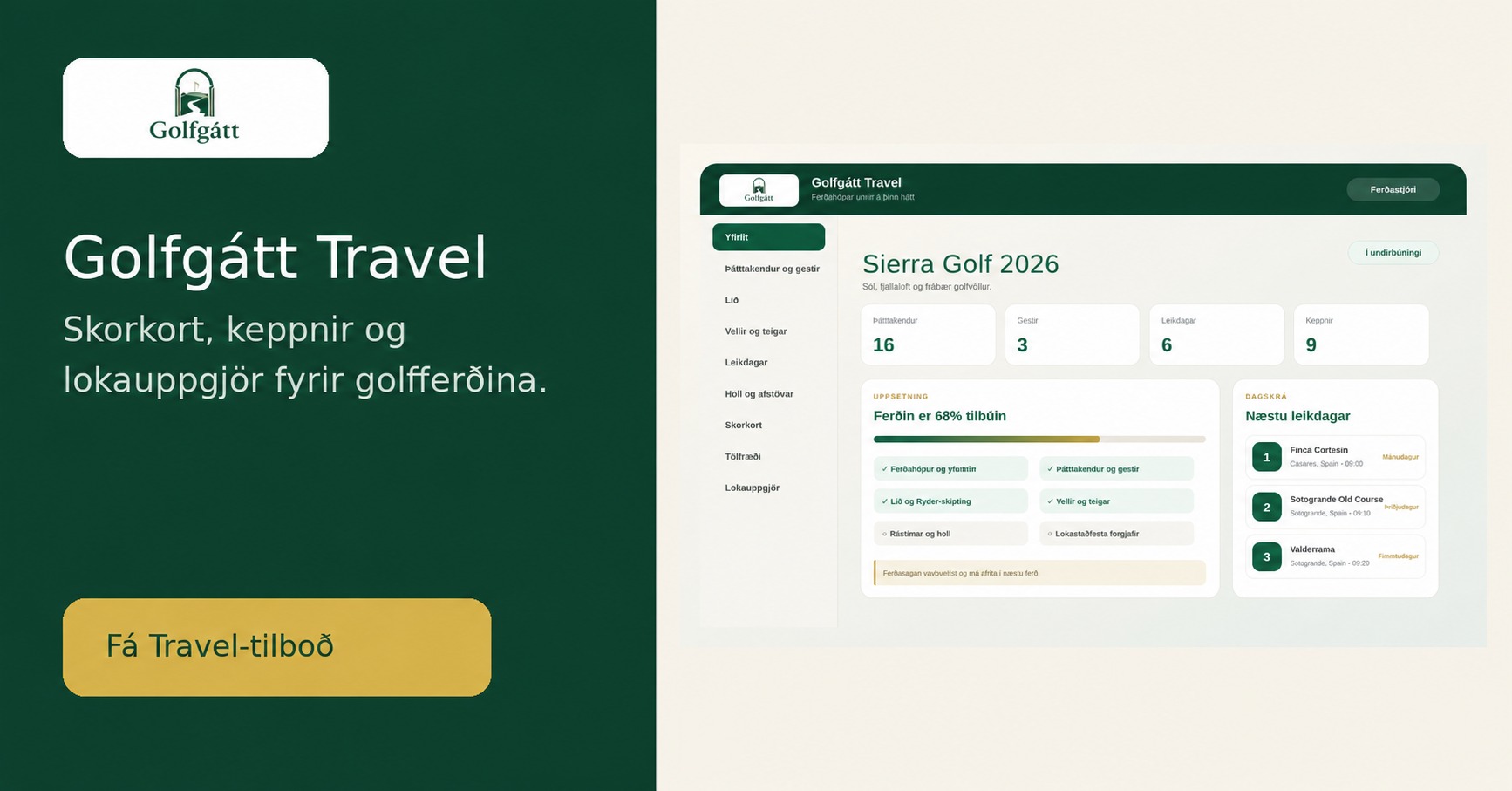 Golfgátt Travel sýnidæmi fyrir Sierra Golf 2026