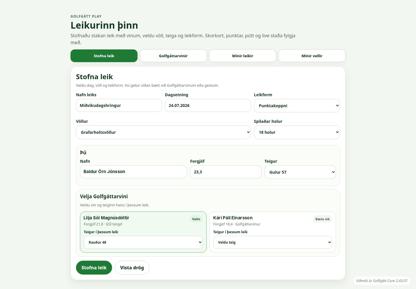 Golfgátt Play - stofna leik og velja Golfgáttarvini